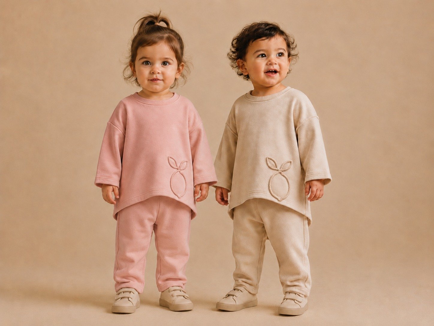 Two children wearing soft Coucou Maman lounge sets